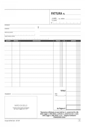 DATA UFFICIO - BLOCCO FATTURE PER REGIME FORFETTARIO in DUPLICE COPIA 21x14,8 cm. - DU1671RF000